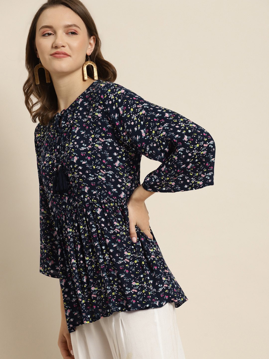 Women's Navy Rayon Crepe Floral Print Tunic