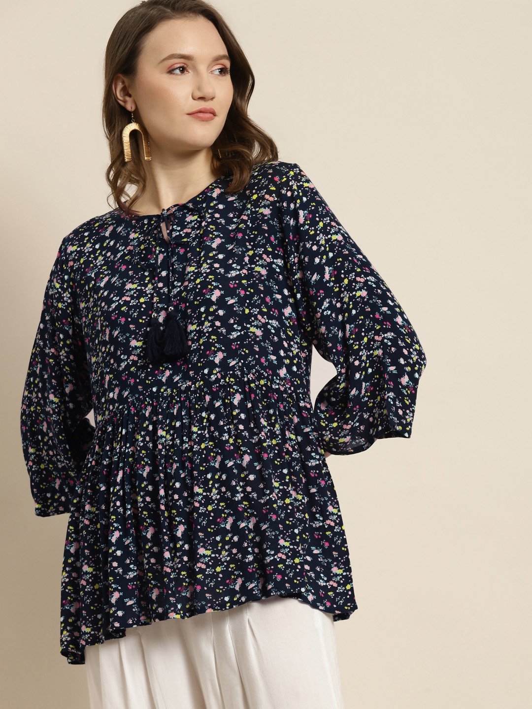 Women's Navy Rayon Crepe Floral Print Tunic