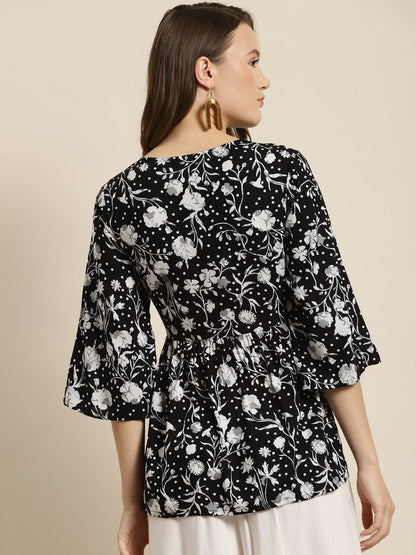 Women's Black Rayon Floral Print Tunic