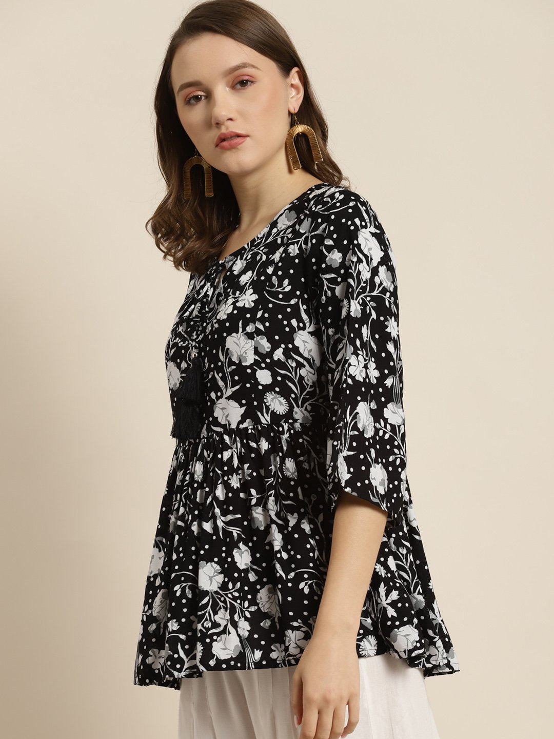 Women's Black Rayon Floral Print Tunic