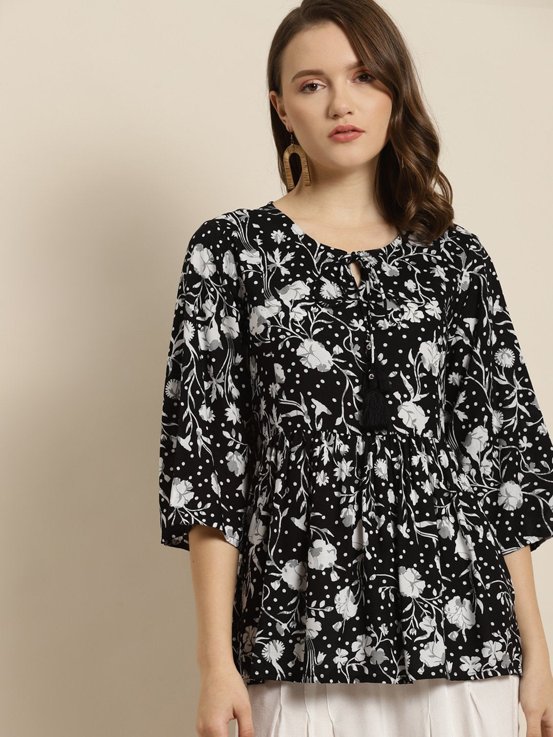 Women's Black Rayon Floral Print Tunic