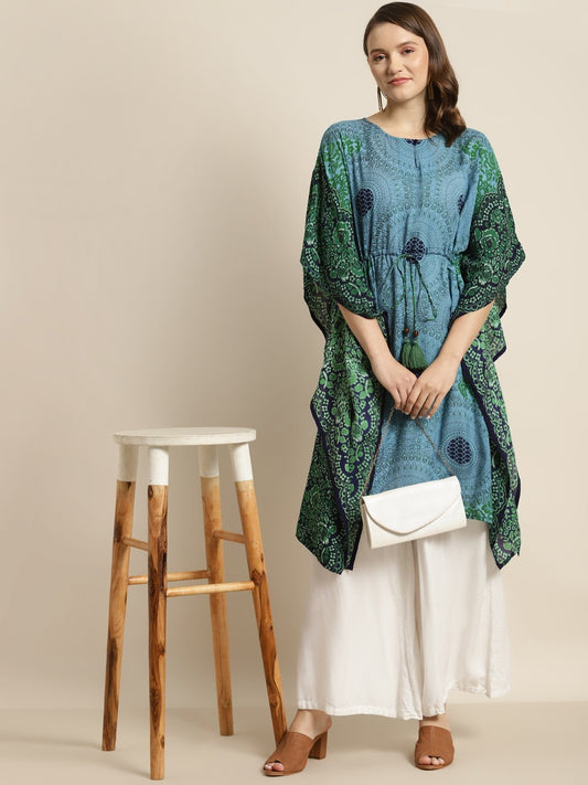 Women's Blue Rayon Ethnic Motif Print Kaftan