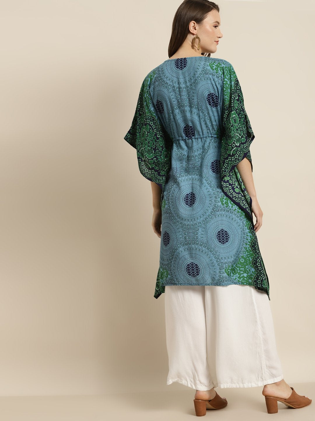 Women's Blue Rayon Ethnic Motif Print Kaftan