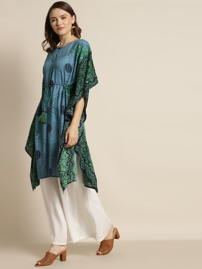 Women's Blue Rayon Ethnic Motif Print Kaftan