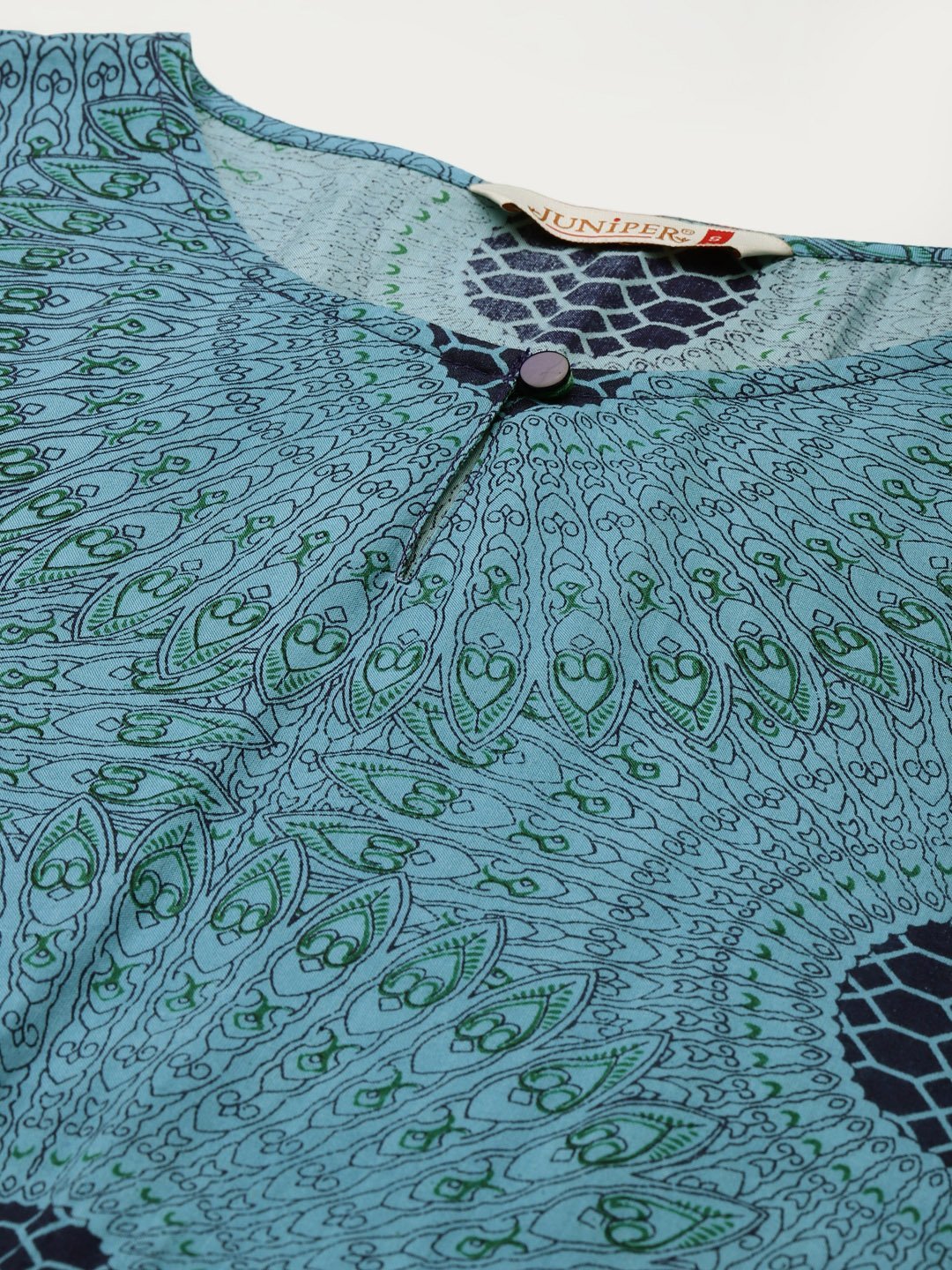 Women's Blue Rayon Ethnic Motif Print Kaftan
