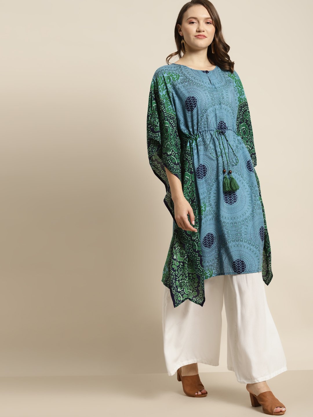 Women's Blue Rayon Ethnic Motif Print Kaftan