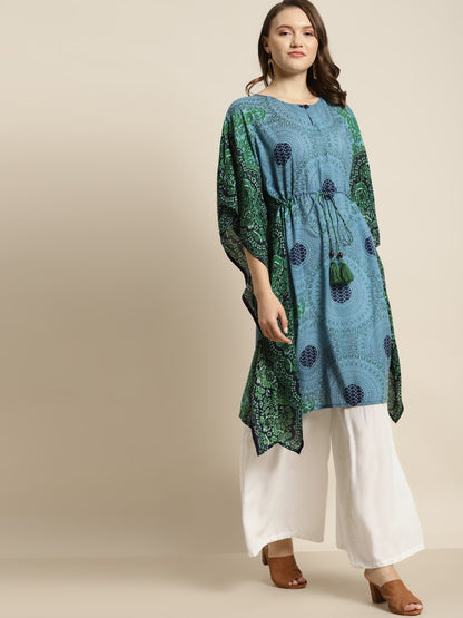 Women's Blue Rayon Ethnic Motif Print Kaftan