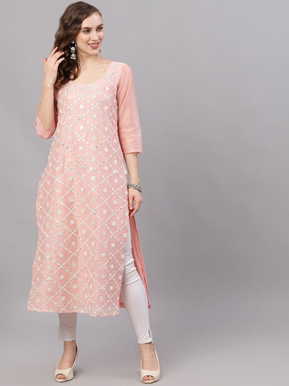 Women's  Peach-Coloured & White Embroidered Straight Kurta
