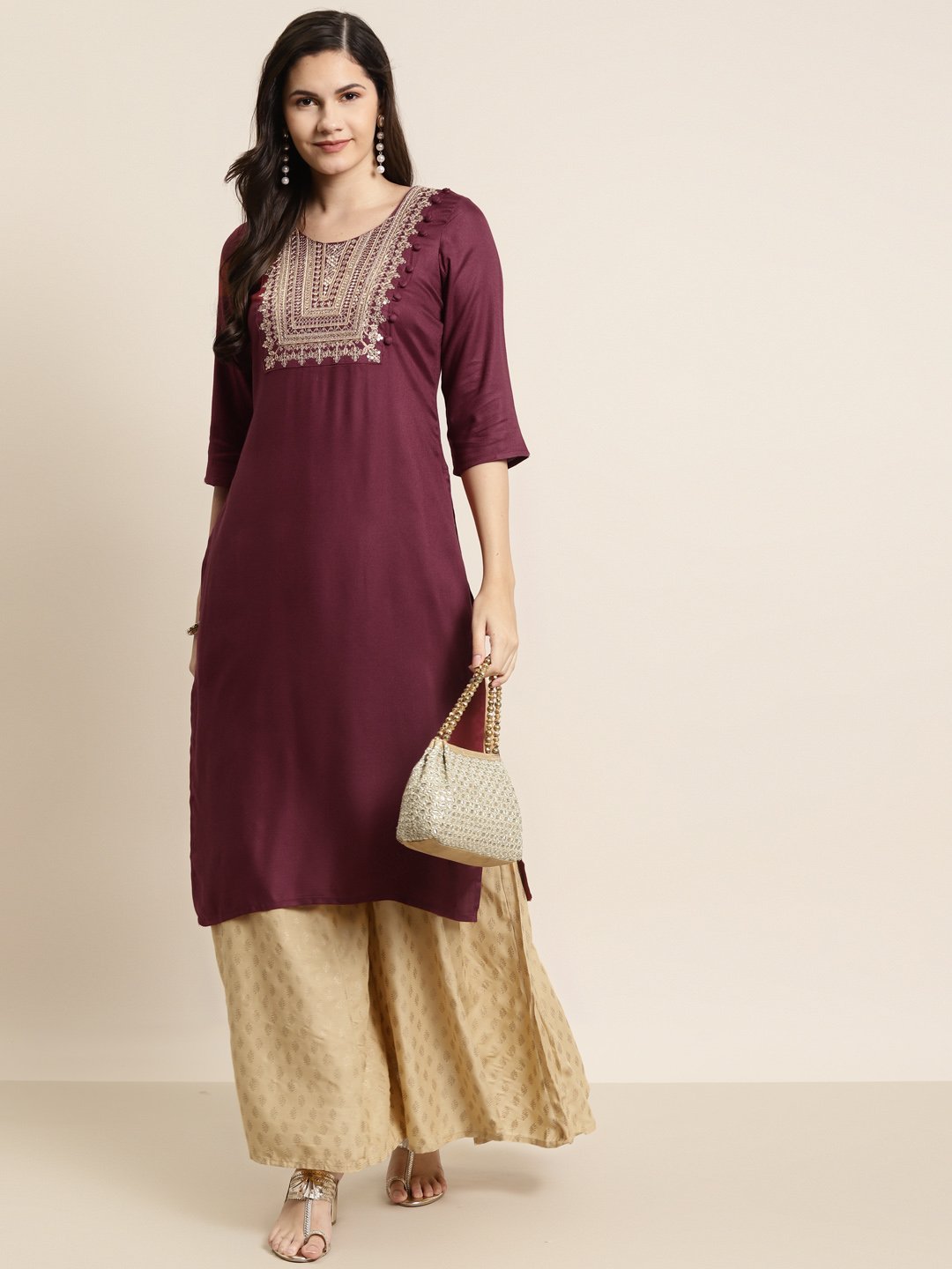 Women's Rayon Moss Embroidered Straight Kurt