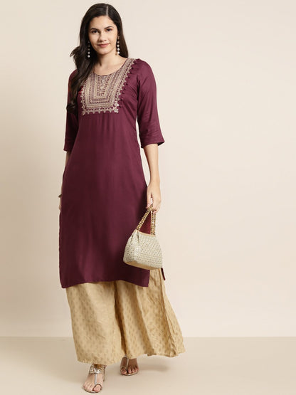 Women's Rayon Moss Embroidered Straight Kurt