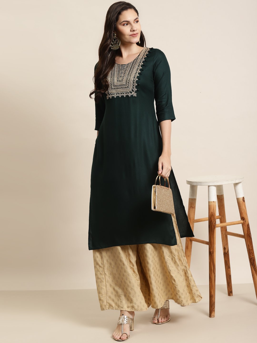 Women's Rayon Moss Embroidered Straight Kurt