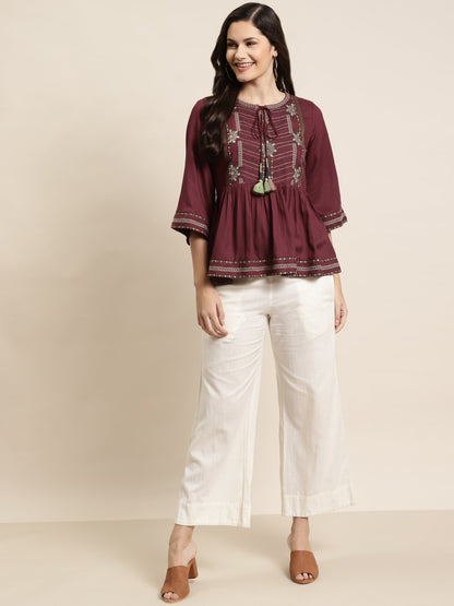 Women's Rayon Dobby Embroidered Peplum Tuni