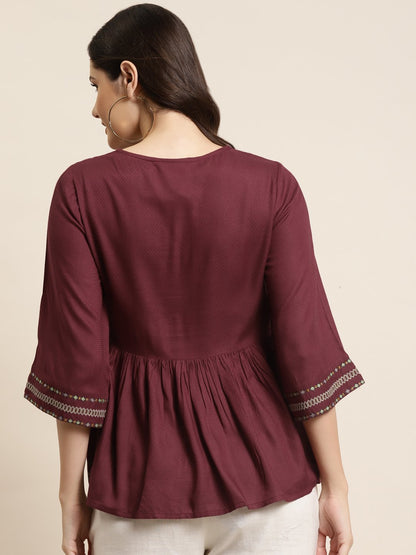 Women's Rayon Dobby Embroidered Peplum Tuni