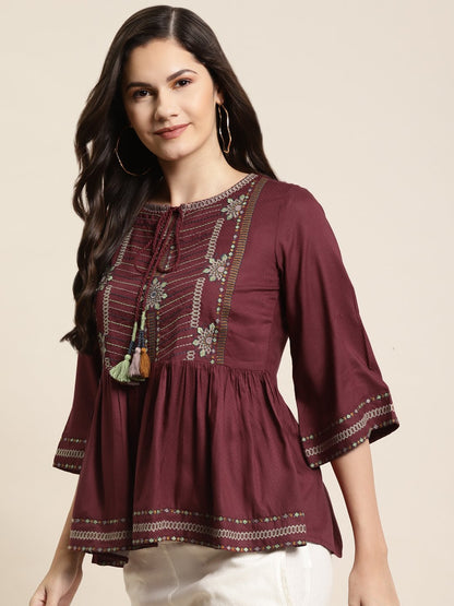 Women's Rayon Dobby Embroidered Peplum Tuni