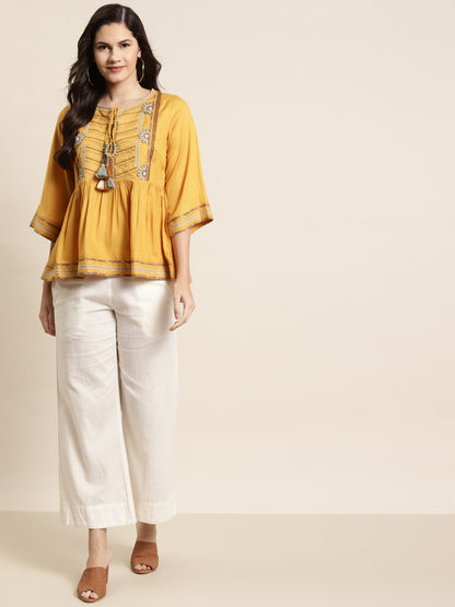 Women's Rayon Dobby Embroidered Peplum Tuni