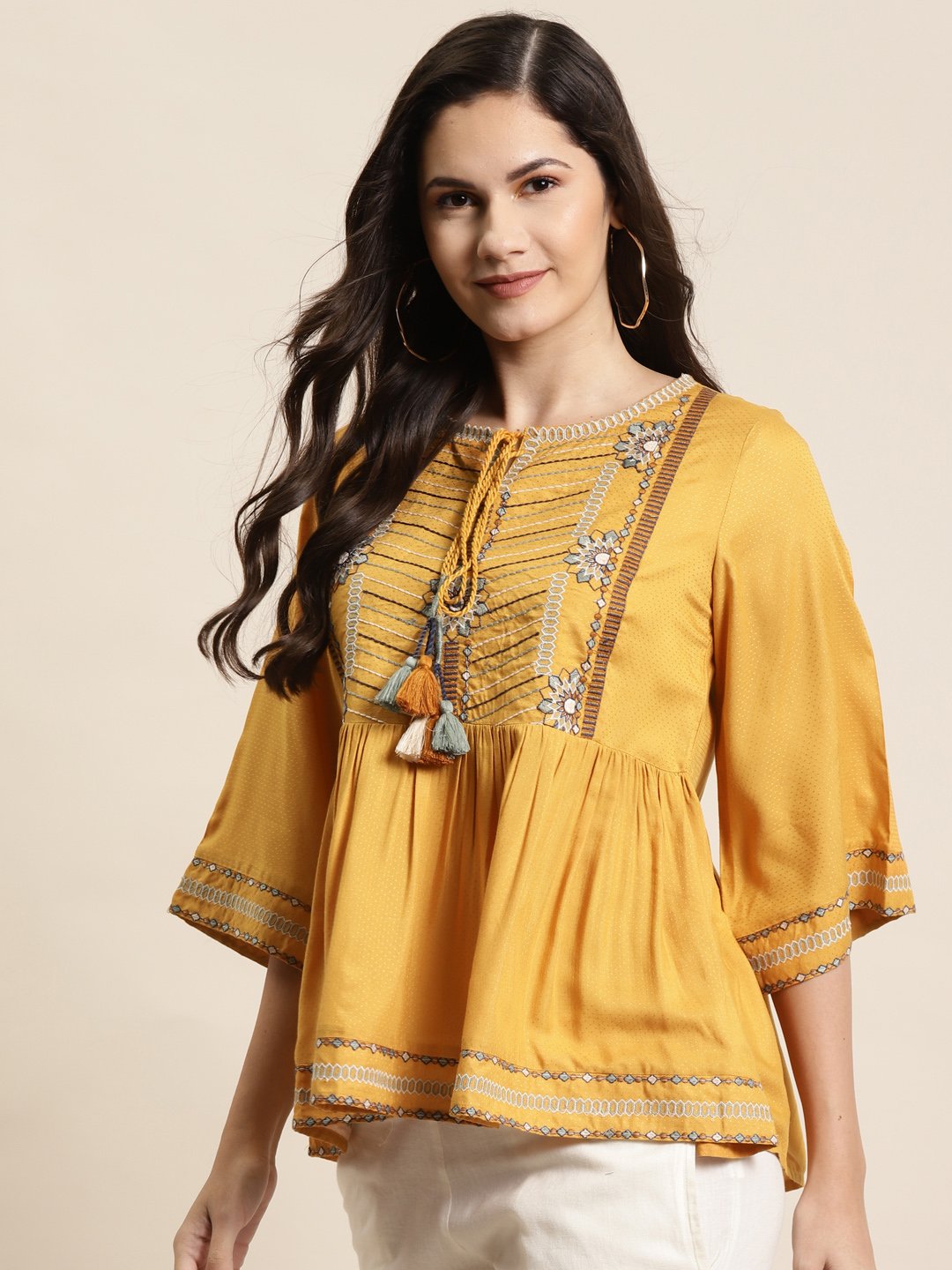 Women's Rayon Dobby Embroidered Peplum Tuni