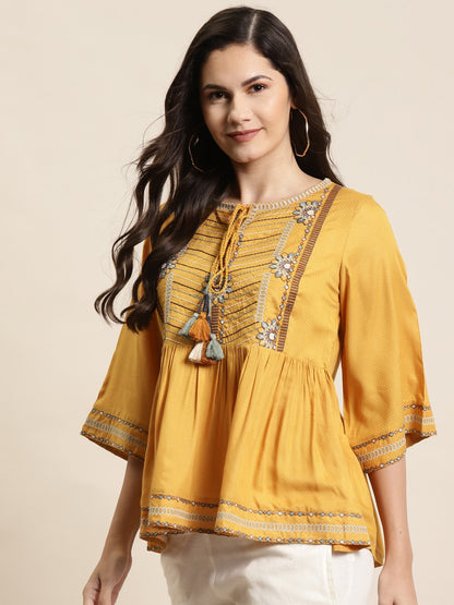 Women's Rayon Dobby Embroidered Peplum Tuni