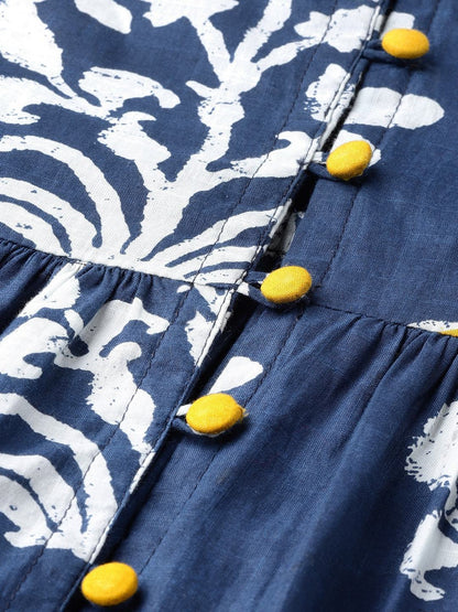 Women's  Navy Blue & Off-White Printed A-Line Kurta