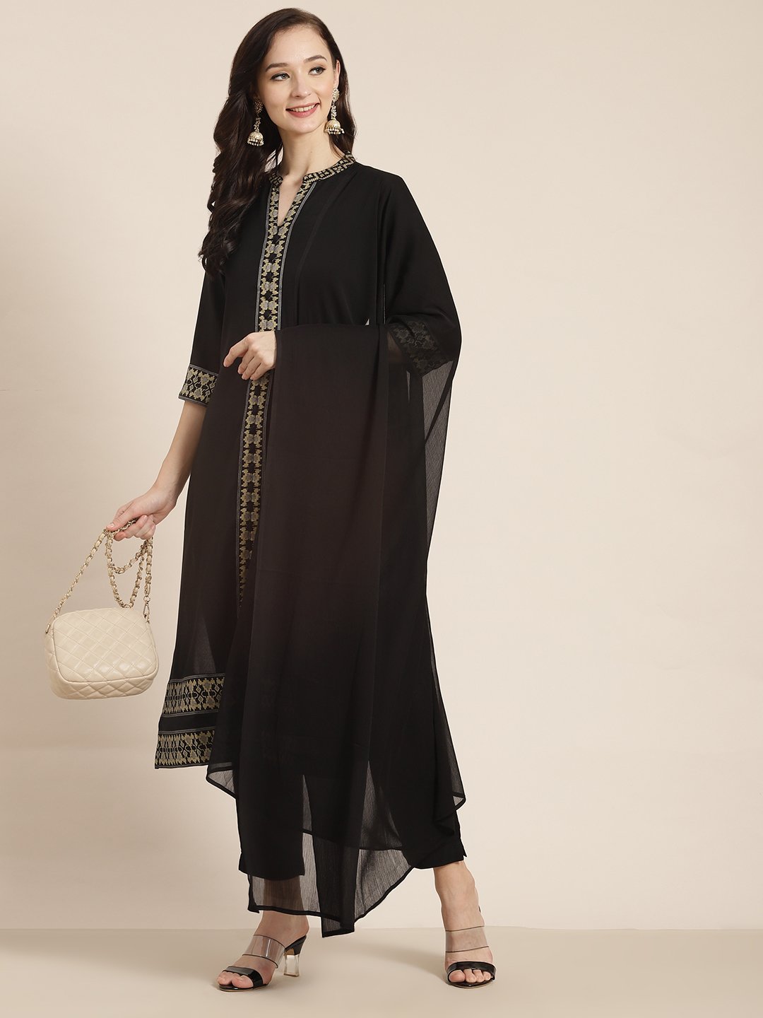 Women's Black Poly Rayon Printed Straight Kurta Pant Dupatta Set