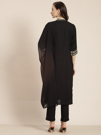Women's Black Poly Rayon Printed Straight Kurta Pant Dupatta Set