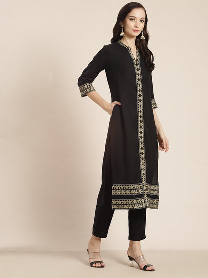 Women's Black Poly Rayon Printed Straight Kurta Pant Dupatta Set