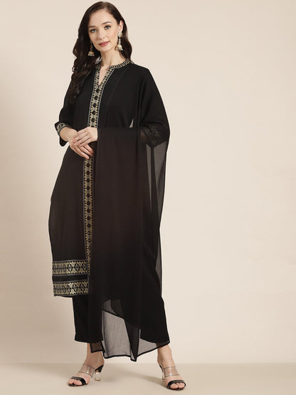 Women's Black Poly Rayon Printed Straight Kurta Pant Dupatta Set