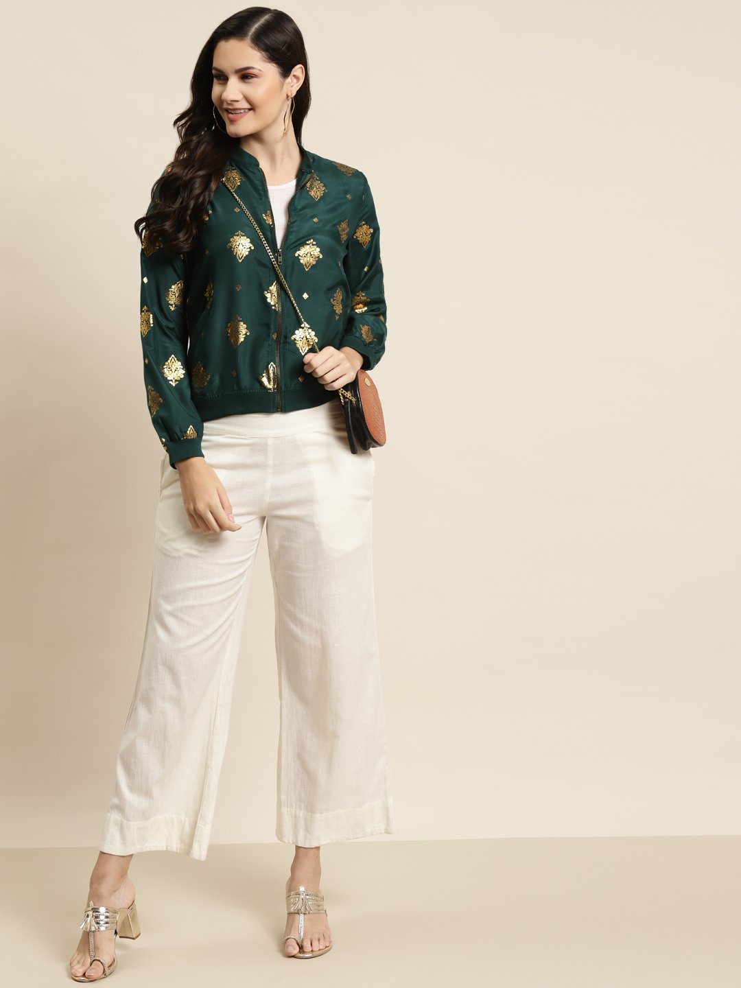 Women's Poly Crepe Printed Straight Bomber Jacke