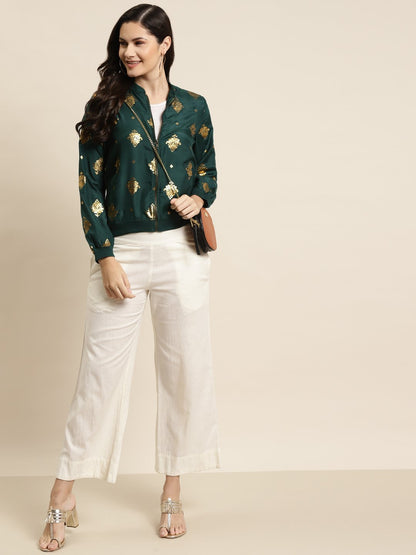 Women's Poly Crepe Printed Straight Bomber Jacke