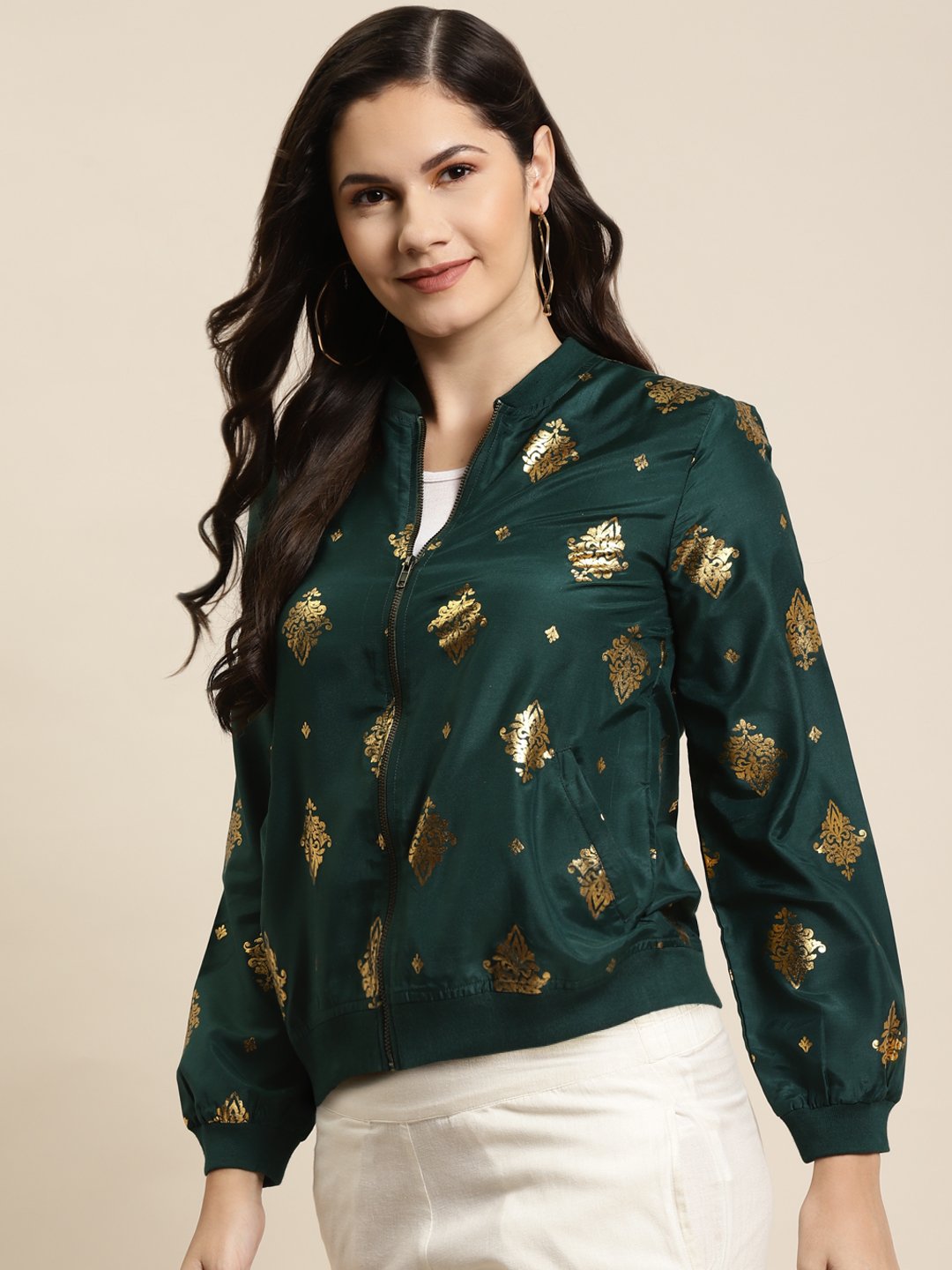 Women's Poly Crepe Printed Straight Bomber Jacke