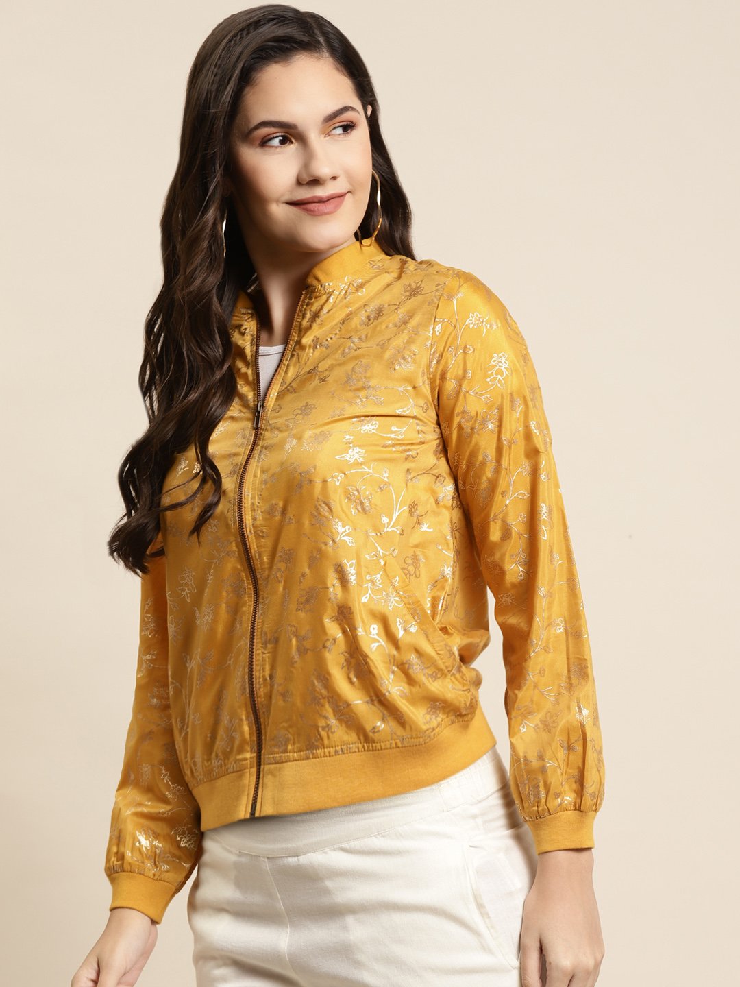 Women's Poly Crepe Printed Straight Bomber Jacke