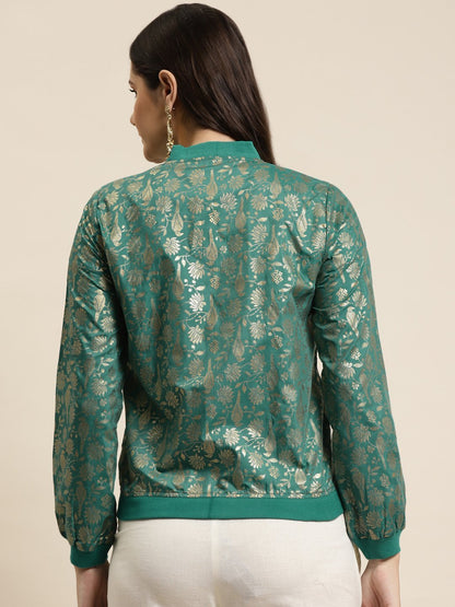 Women's Poly Crepe Printed Straight Bomber Jacke