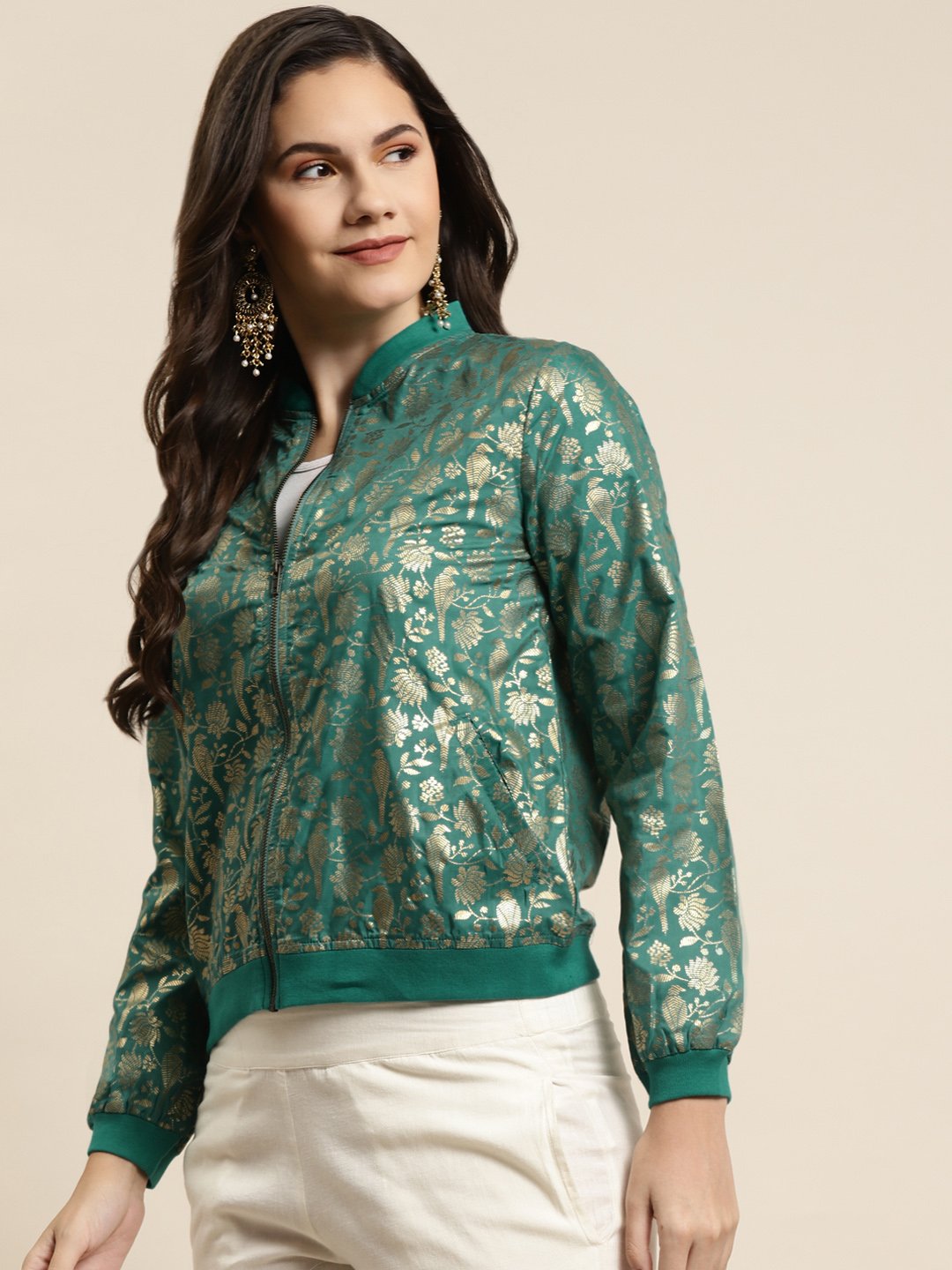Women's Poly Crepe Printed Straight Bomber Jacke