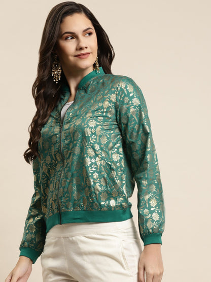 Women's Poly Crepe Printed Straight Bomber Jacke