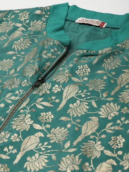 Women's Poly Crepe Printed Straight Bomber Jacke
