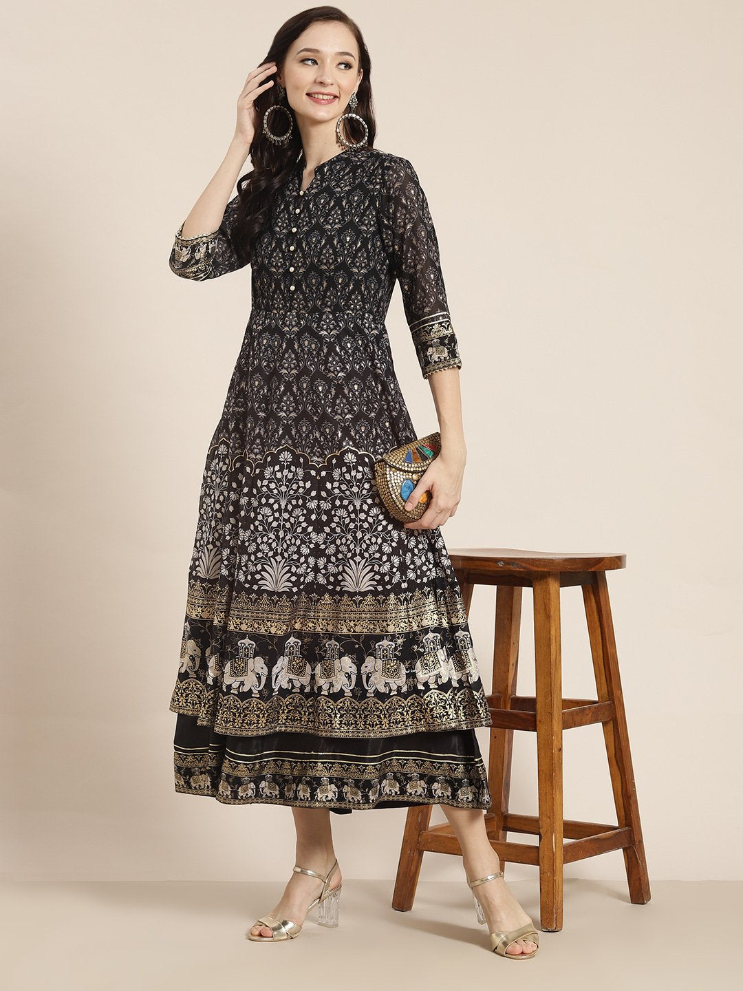 Women's Black Georgette Gold Foil Print Layered Dress