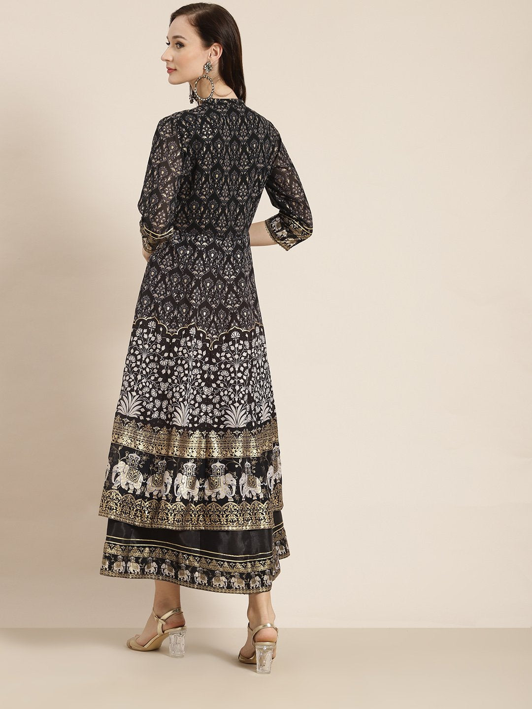 Women's Black Georgette Gold Foil Print Layered Dress