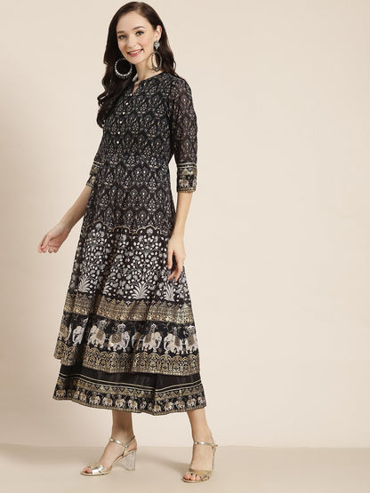 Women's Black Georgette Gold Foil Print Layered Dress