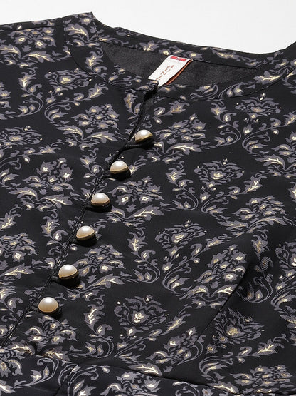 Women's Black Georgette Gold Foil Print Layered Dress