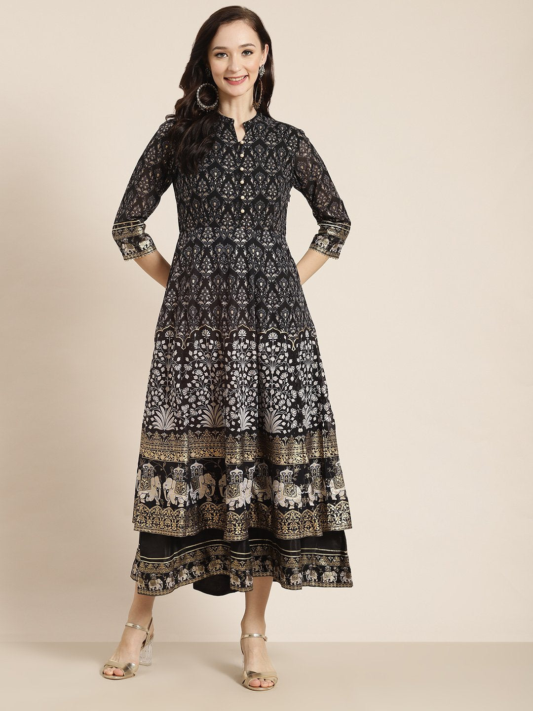 Women's Black Georgette Gold Foil Print Layered Dress