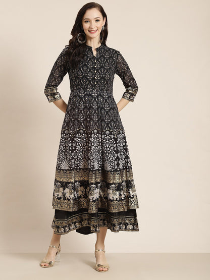 Women's Black Georgette Gold Foil Print Layered Dress
