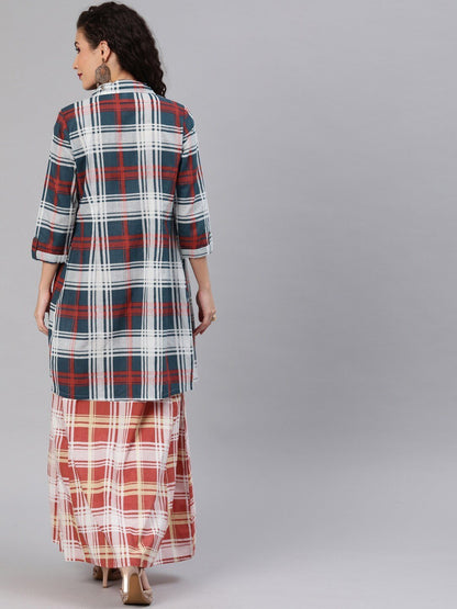 Women's  Red Checked Maxi Dress With Shirt