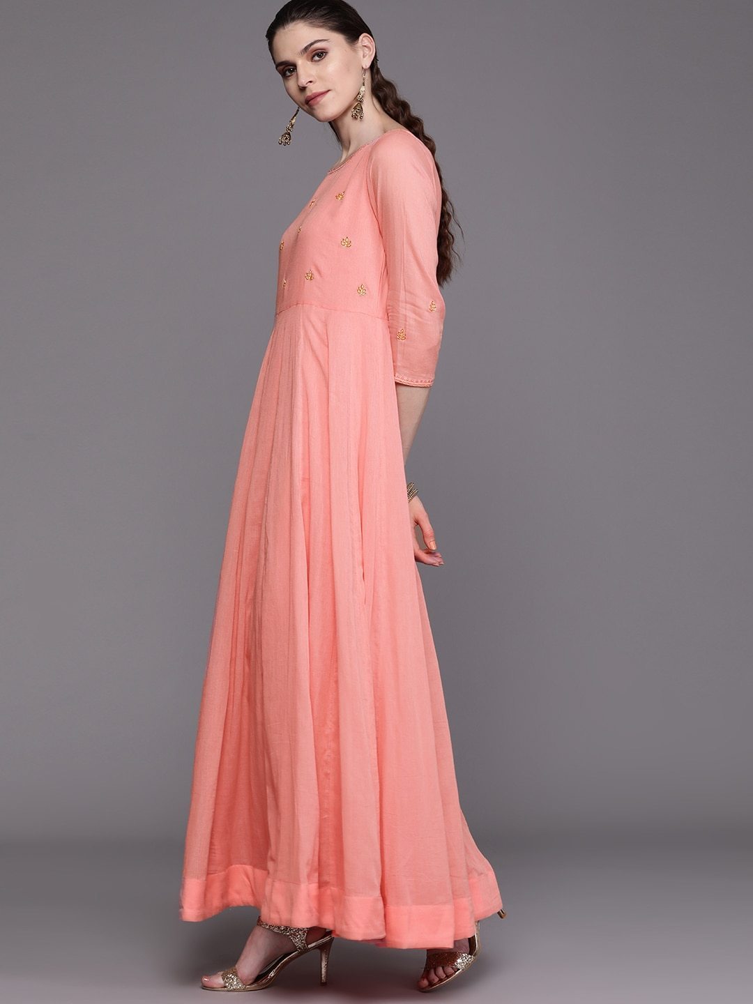 Women's  Peach-Coloured & Golden Yoke Design Anarkali Kurta With Dupatta
