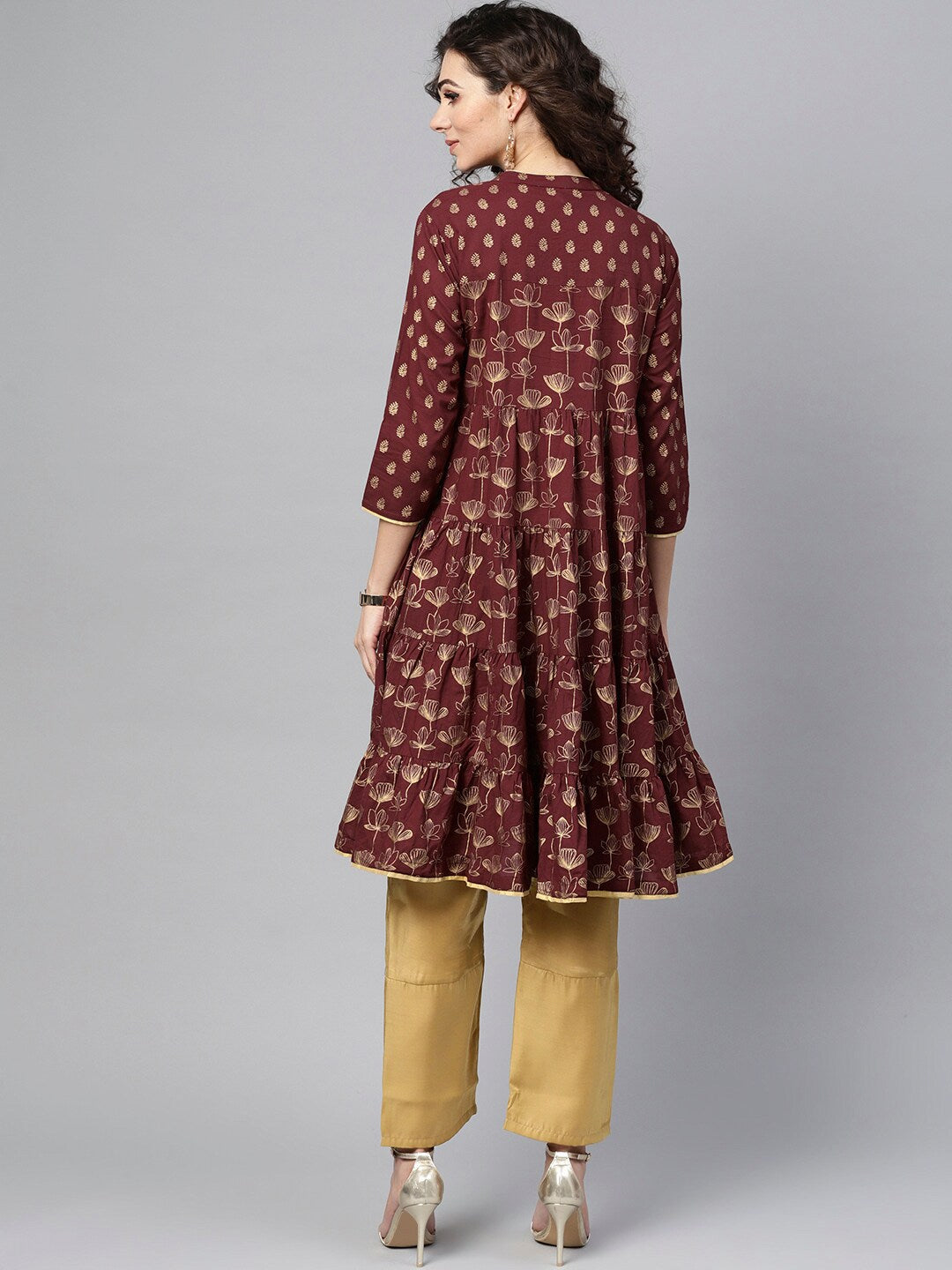 Women's Maroon gold printed gathered kurta