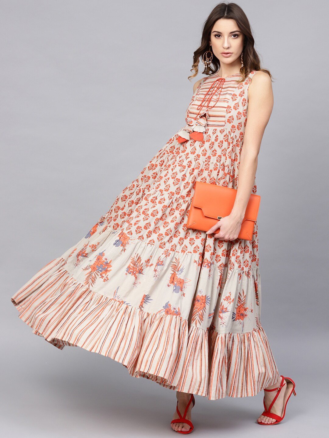 Women's  Beige & Orange Printed Tiered Maxi Dress