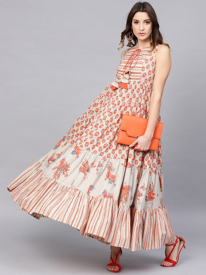 Women's  Beige & Orange Printed Tiered Maxi Dress