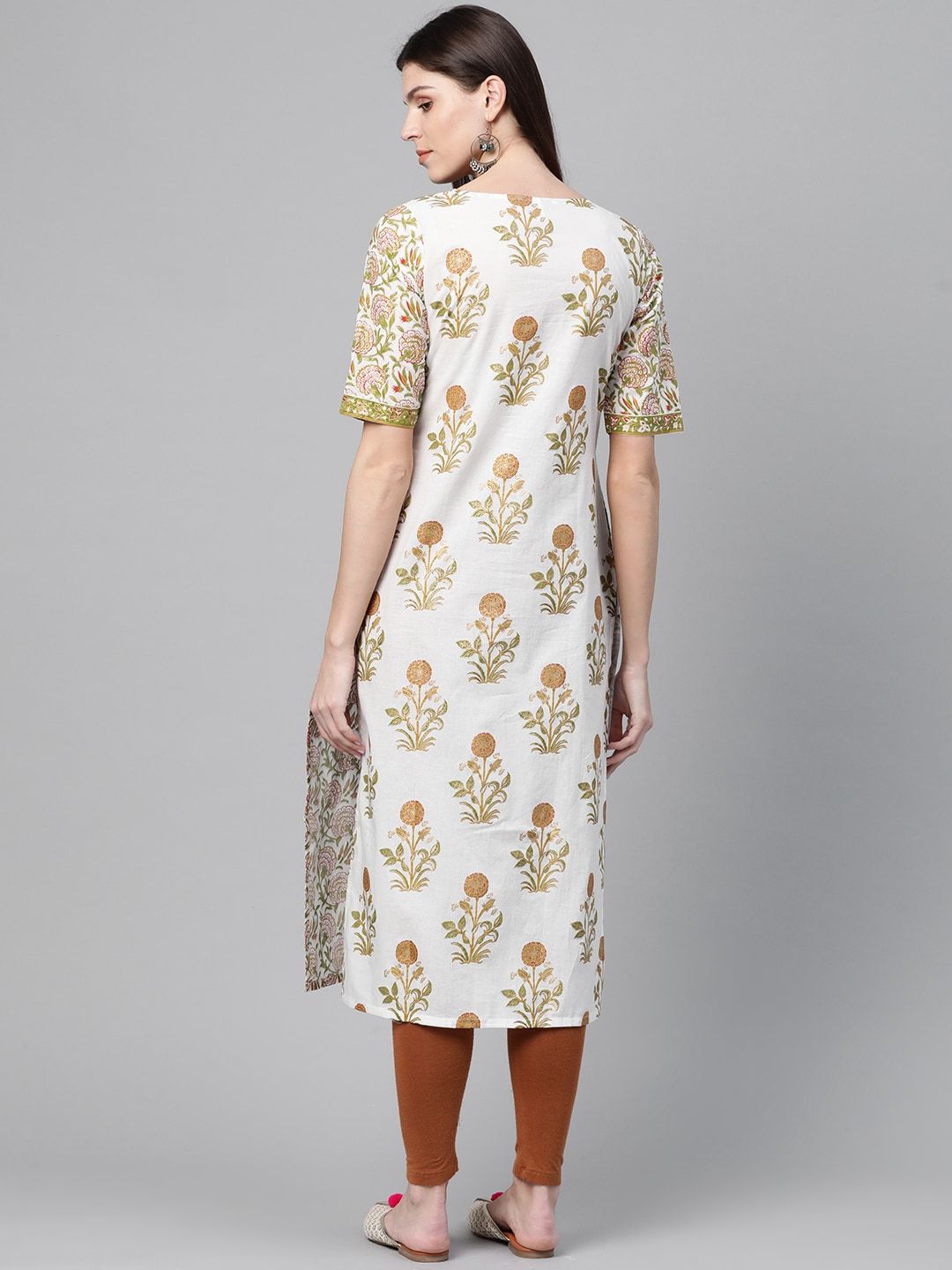 Women's  White & Green Angrakha Printed Straight Kurta