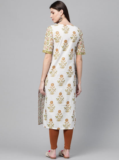 Women's  White & Green Angrakha Printed Straight Kurta