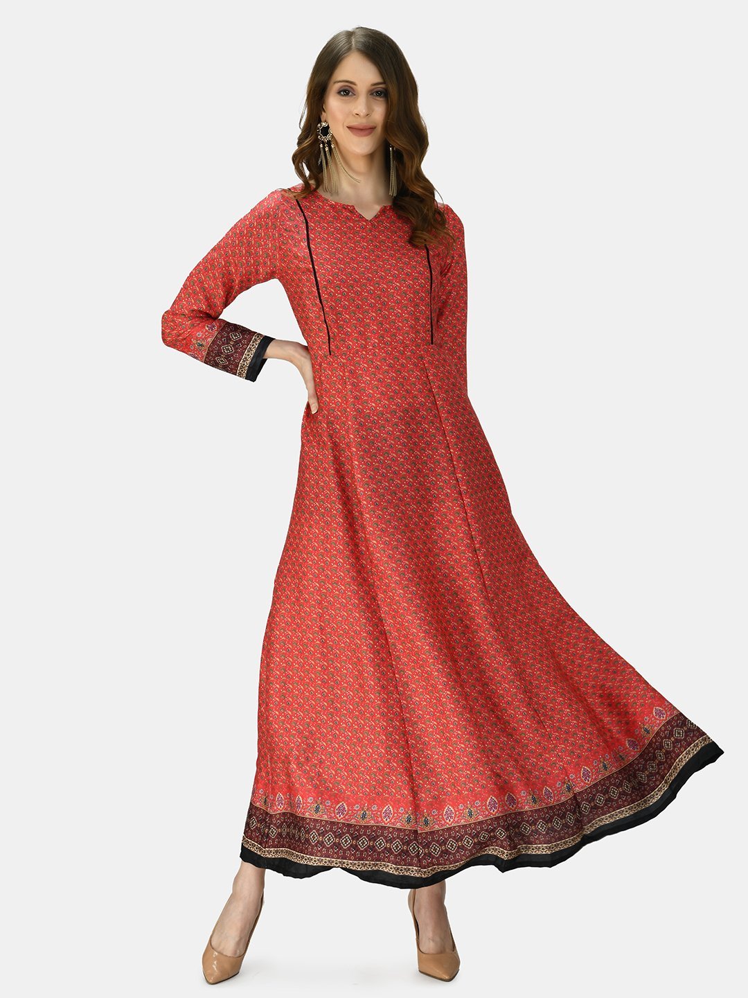 Women Red Printed Silk Dress by Myshka (