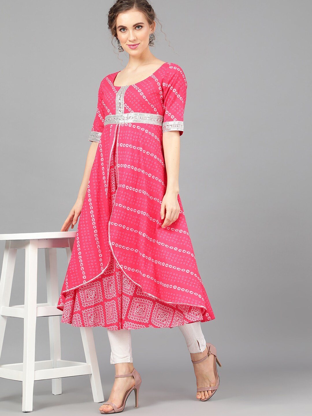 Women's  Pink & White Printed Anarkali Kurta
