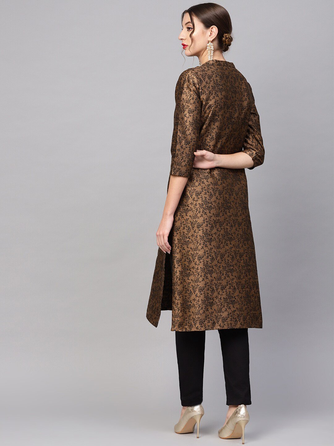 Women's  Coffee Brown & Black Woven Design Reversible Straight Kurta